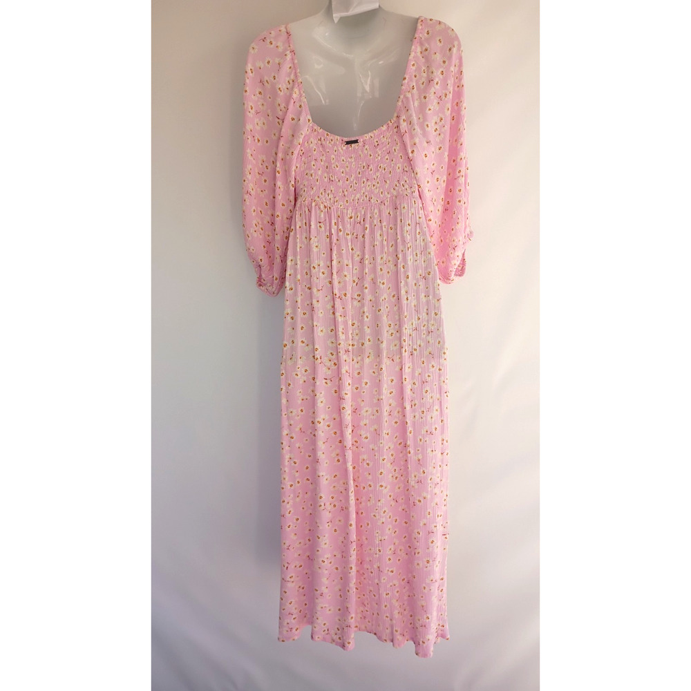 BillaBong Swept Away Midi Dress Pink Floral Puff Sleeve Smocked Cottagecore M - Picture 7 of 16